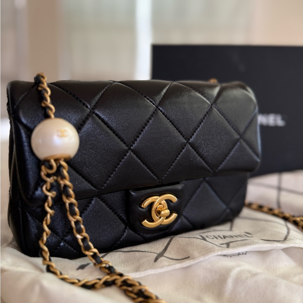 Chanel 24S Adjustable Pearls Chain Mini Flap in Black Lambskin and AGHW